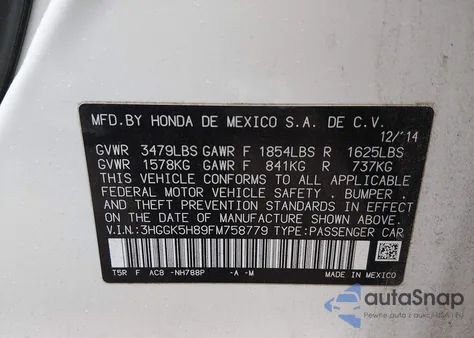 2015 Honda Fit Ex/Ex-L from USA, damaged, VIN 3HGGK5H89FM758779